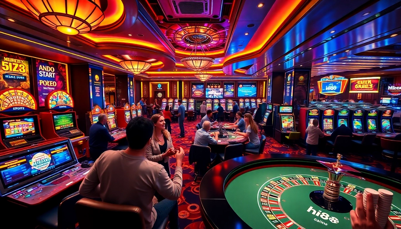Engaged players enjoying thrilling games at Hi88 Casino, featuring vibrant gaming tables and slot machines.