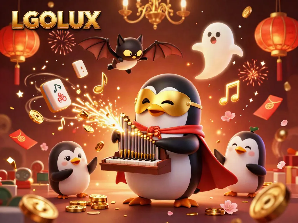 Experience the thrill of LGOLUX with a vibrant 3D scene showcasing a penguin and bat in a casino setting.