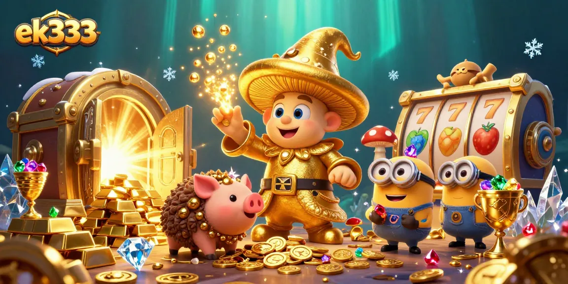 Experience the magic of ek333 with a golden wizard and treasures in this vibrant casino illustration.