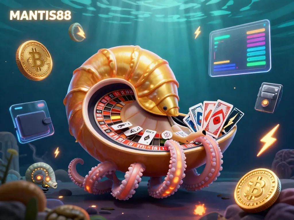 Engage with the vibrant MANTIS88 illustration featuring a 3D nautilus roulette wheel and glowing crypto elements.