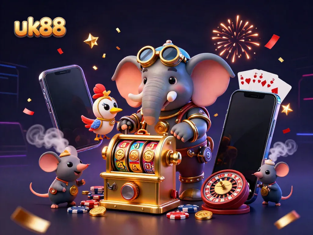 Engage with the lively uk88 gaming world through a steampunk slot machine experience with cartoon characters.