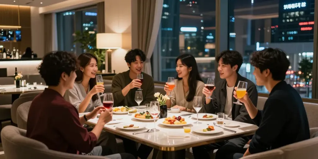 강남타이밍 쩜오의 고급스러운 개인 룸에서 즐겁게 대화하는 친구들