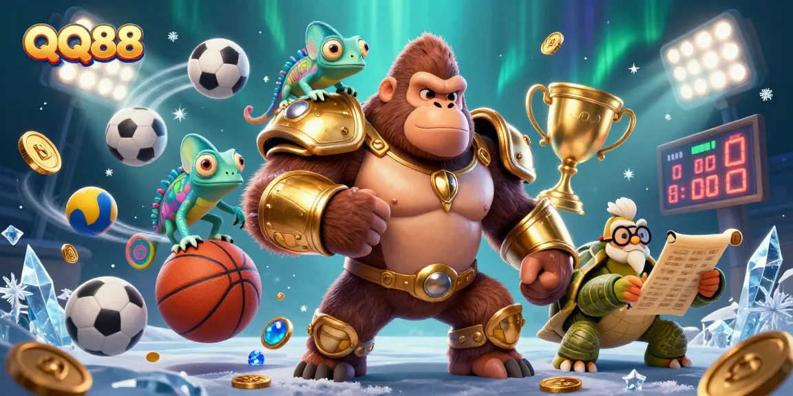 Engage with QQ88 for exhilarating gameplay supported by a cheerful gorilla king in a casino setting.