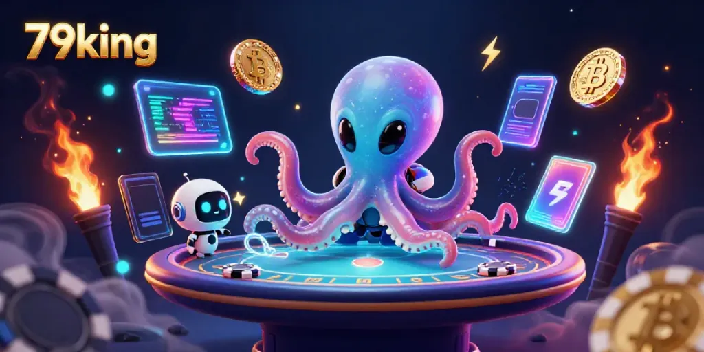 79king features a colorful space-themed poker scene with an alien octopus and robot companion.