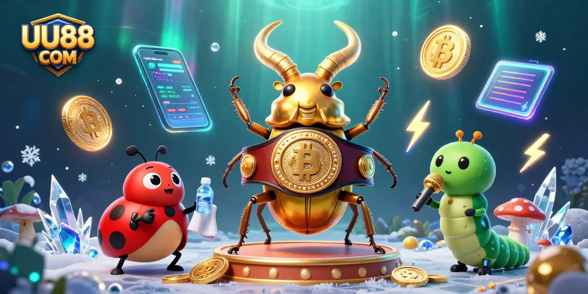 Engage in thrilling gameplay at UU88 COM, where the 3D giant golden stag beetle faces off, adorned with vibrant crypto symbols.