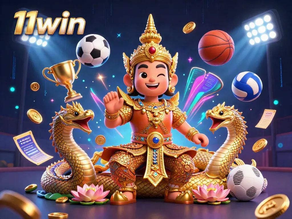 Engage with 11win's vibrant casino scene showcasing guardian and serpent companions amidst dynamic sports elements.