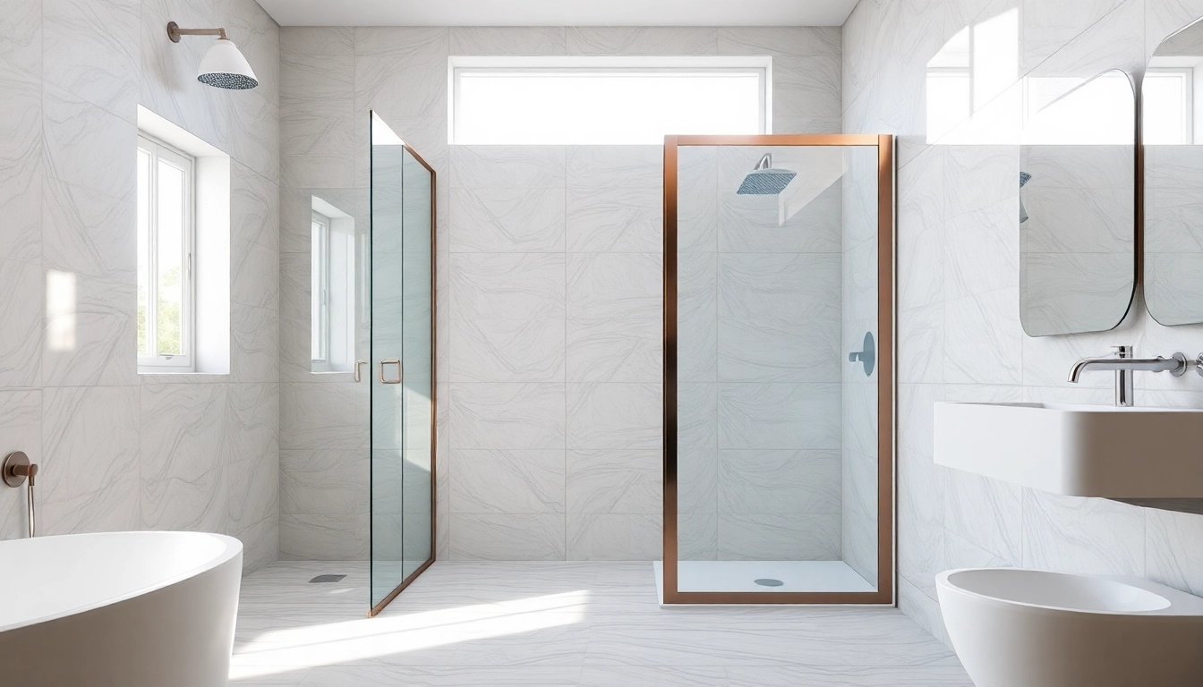 Showcase of semi-frameless shower screens with modern bathroom design and bright lighting.