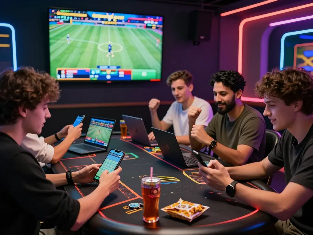 VN88 online gambling scene with players enjoying sports betting and casino games in a vibrant entertainment lounge.