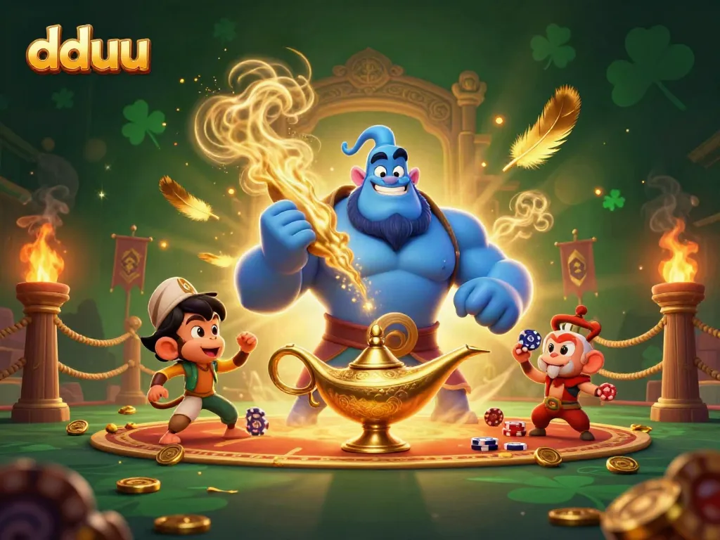 Experience thrilling gameplay on dduu, featuring a blue genie, a fez monkey, and poker chips amidst a rich casino atmosphere.