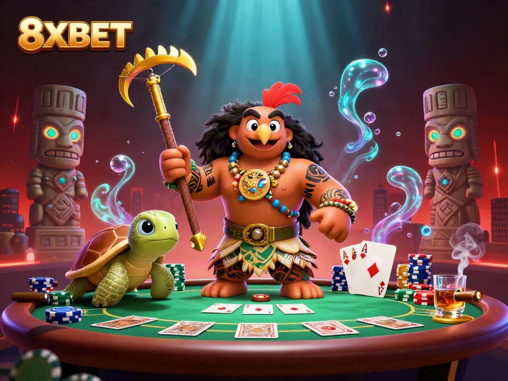 Win big at 8XBET with engaging poker action featuring Polynesian characters and vibrant casino elements.