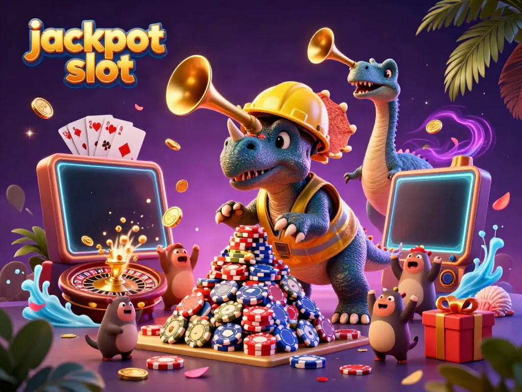Experience the excitement of jackpot slot games with a dynamic 3D casino scene featuring playful dinosaur characters.