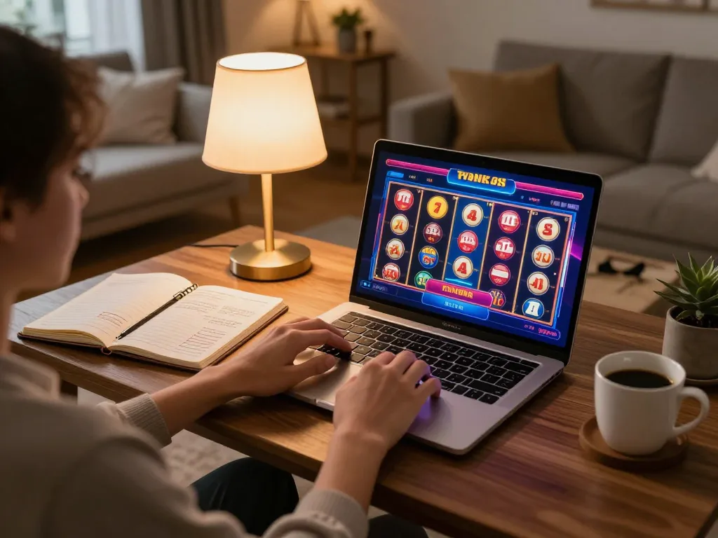 Player engaging with TR88 online casino on laptop, showcasing betting strategies in a cozy home setting