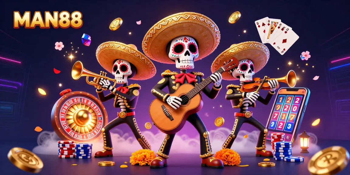 Spin and win big with MAN88: vibrant 3D casino scene featuring a lively mariachi band.