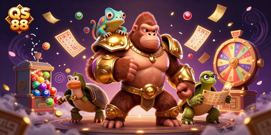 Engage with QS 88's vibrant gambling adventure illustrated by cartoon characters surrounded by lottery balls and colorful gaming elements.