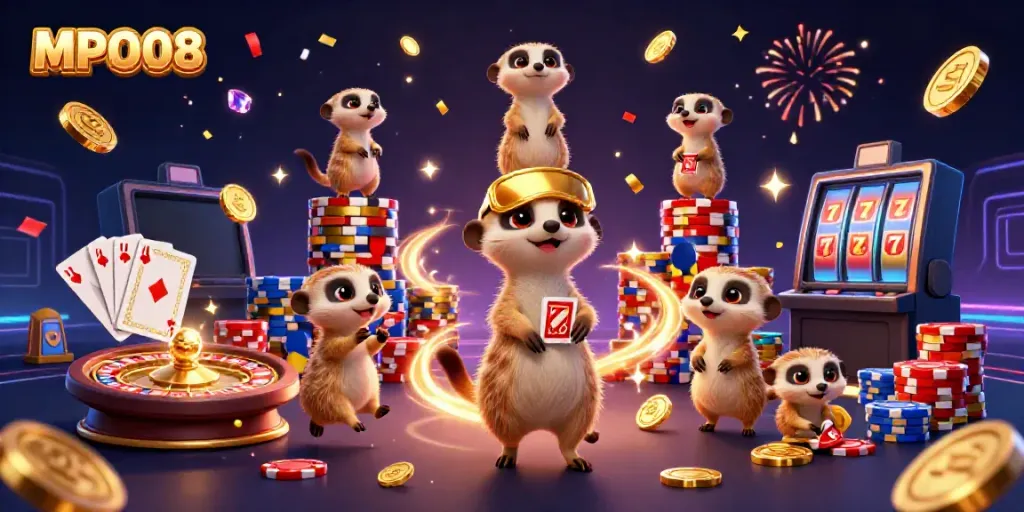 Experience MPO08's vibrant casino with meerkats celebrating winning spins and games!