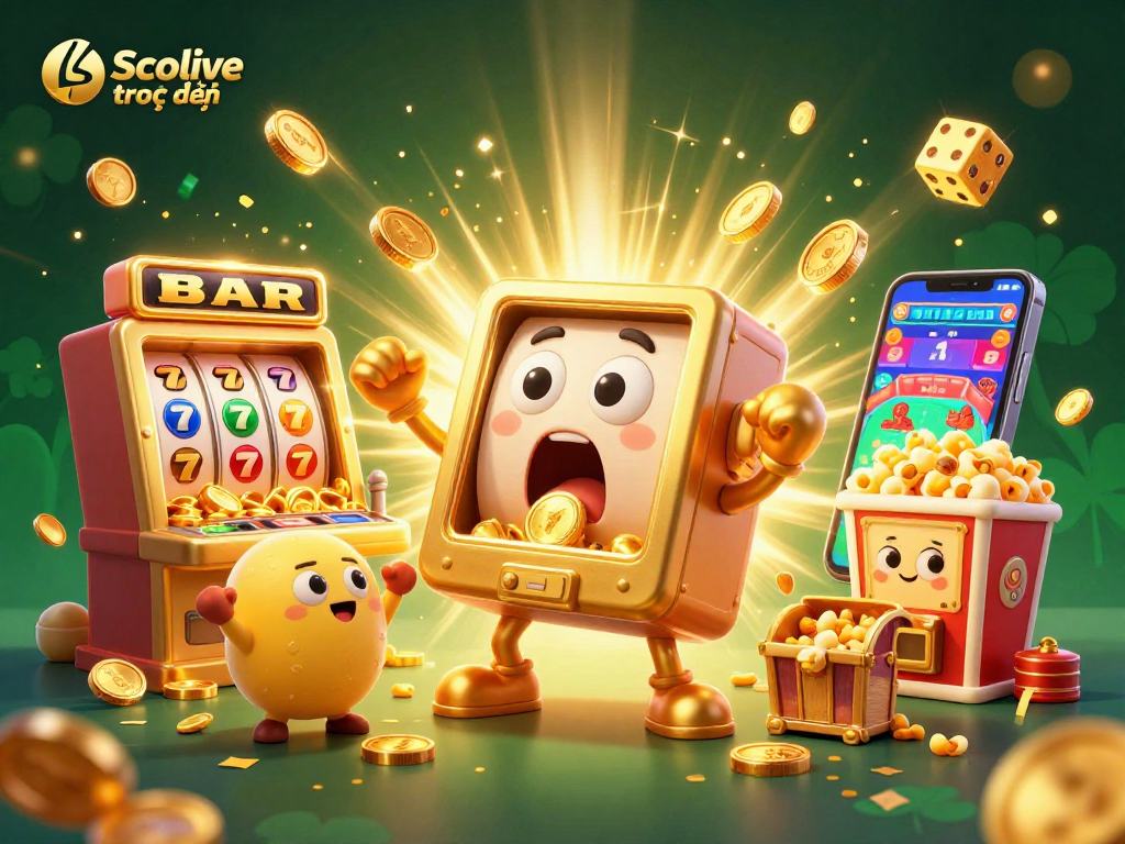 Socolive trực tiếp showcases an exciting casino scene with animated slot machines celebrating a jackpot win.