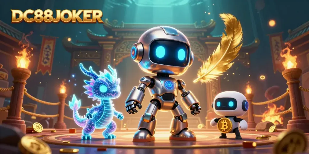 Engaging scene depicting DC88JOKER with a cyberpunk robot, AI dragon, and bitcoin drone.