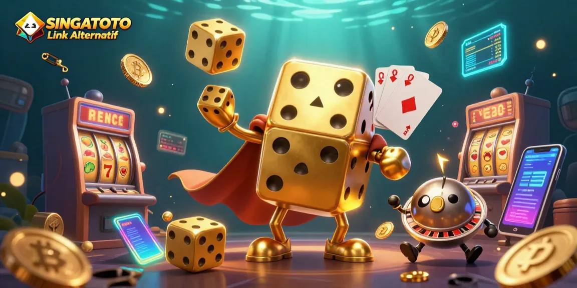 Menggulung dadu emas dan simbol slot, SINGATOTO Link Alternatif dengan elemen crypto di sekitarnya.