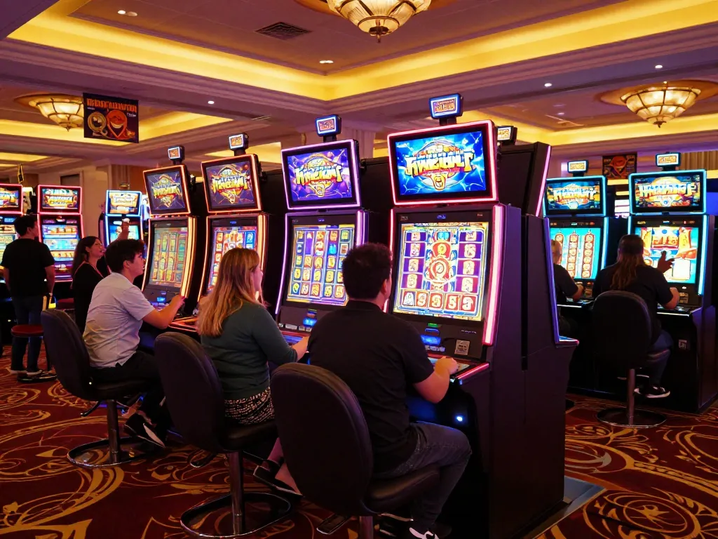 Players enjoying a vibrant slot machine area at a situs slot gacor casino, celebrating wins and engaging with colorful displays