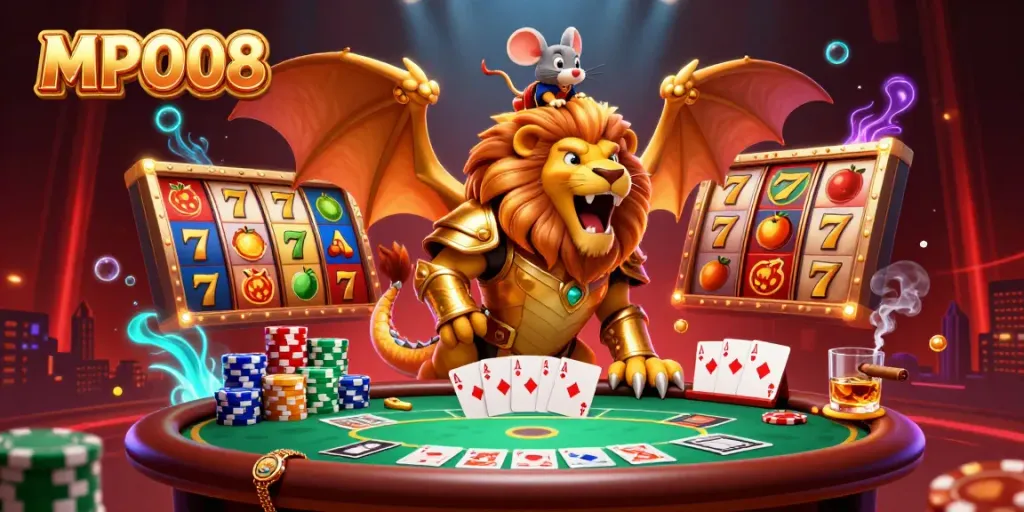 Engage in winning strategies at MPO08 with vibrant slot game elements and a dynamic casino environment.