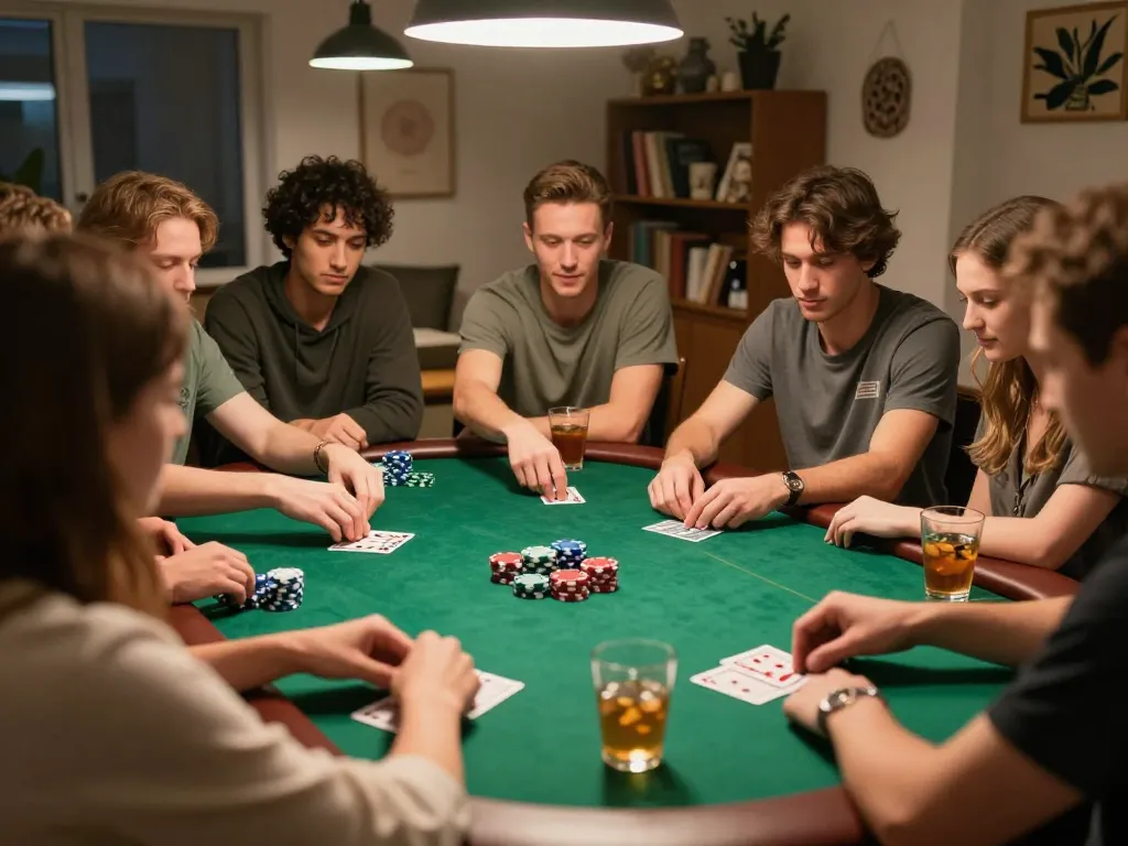 Engaging friends playing j88 poker around a green felt table during a lively home game night.