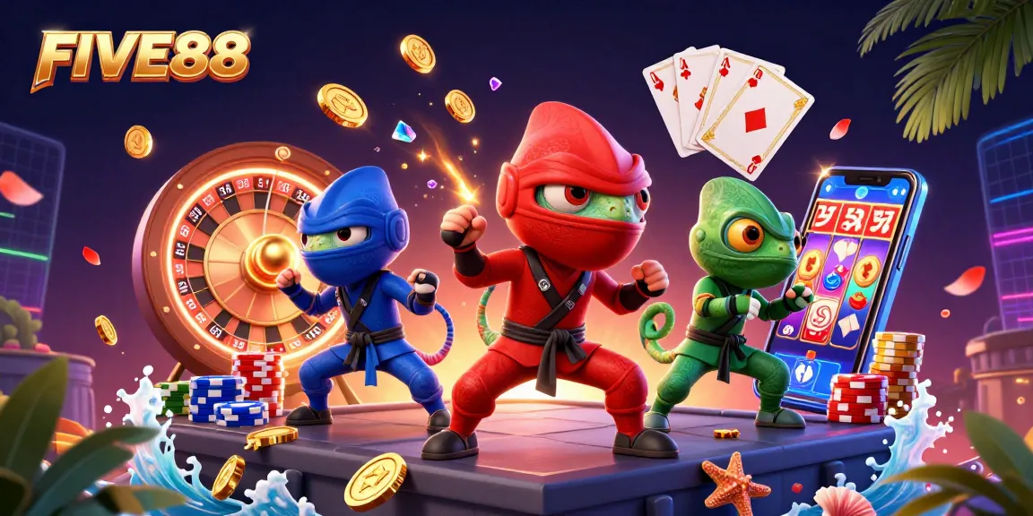 Engage with FIVE88 through vibrant illustrations of a ninja chameleon team amidst cascading casino elements.