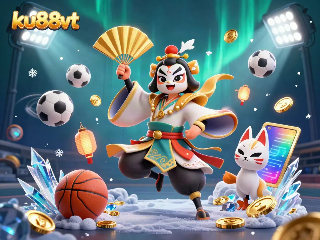 Engage with ku88vt’s vibrant 3D casino scene, showcasing dynamic sports elements and festive characters.