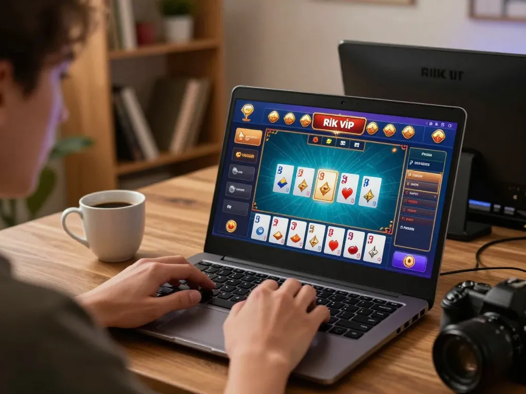 Engaging user playing rik vip casino games on a laptop in a cozy home setting.