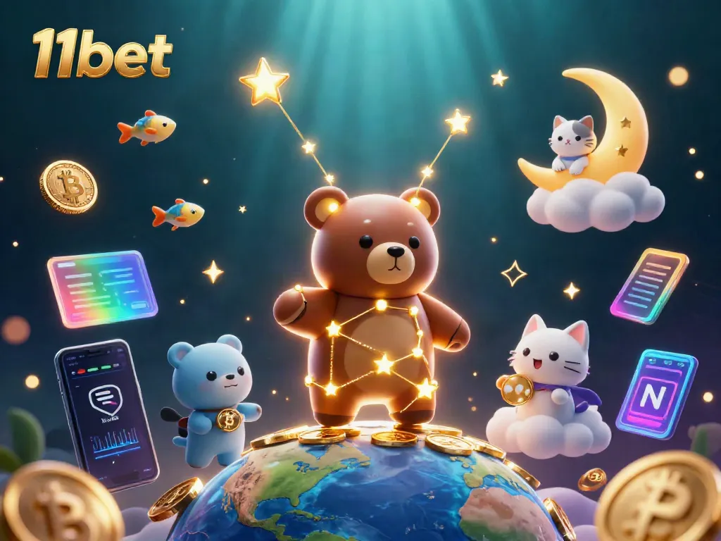 Win big with 11bet in this vibrant casino-inspired 3D illustration showcasing gaming excitement and elements.
