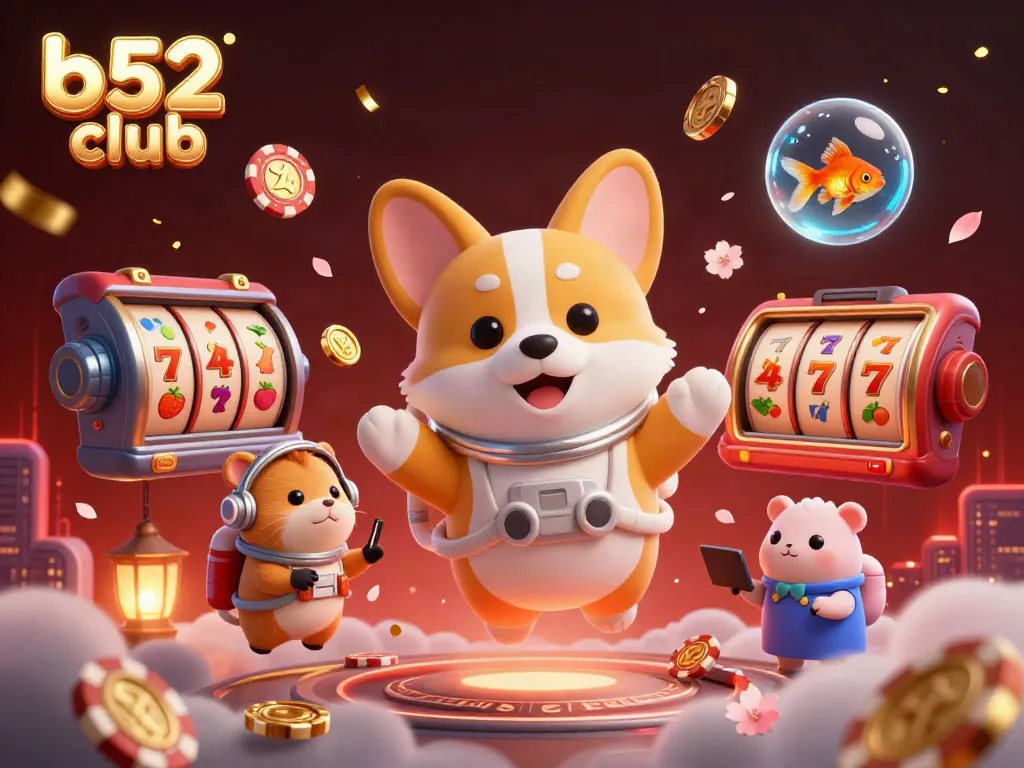 Experience the excitement at b52 club with a floating corgi and casino symbols amidst vibrant colors.