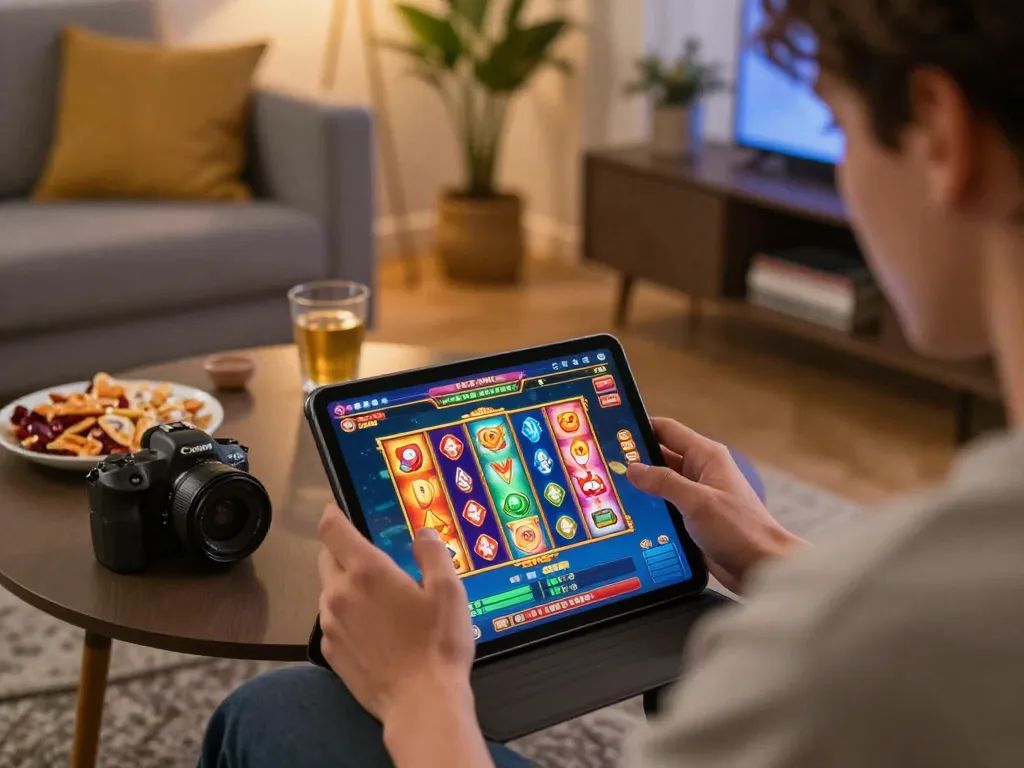 Engaged player spinning reels on rik vip online slot game at home with snacks