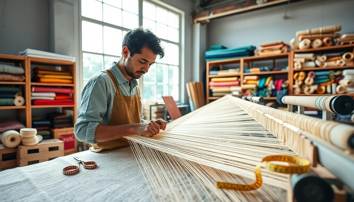 Viscose threads being woven into fabric in a serene workspace.