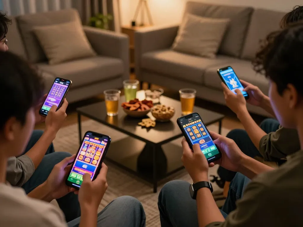 Players enjoying situs slot gacor on mobile devices in a cozy living room setting