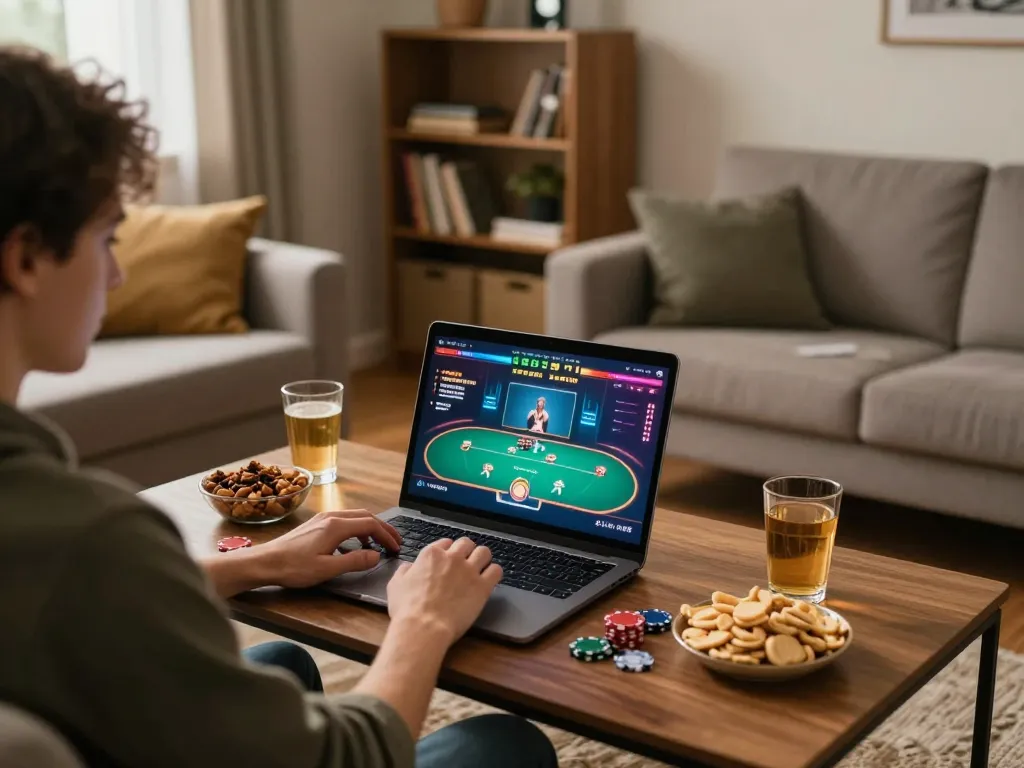 LOTO188 TRANG CHỦ poker gameplay in cozy living room, featuring vibrant online casino atmosphere