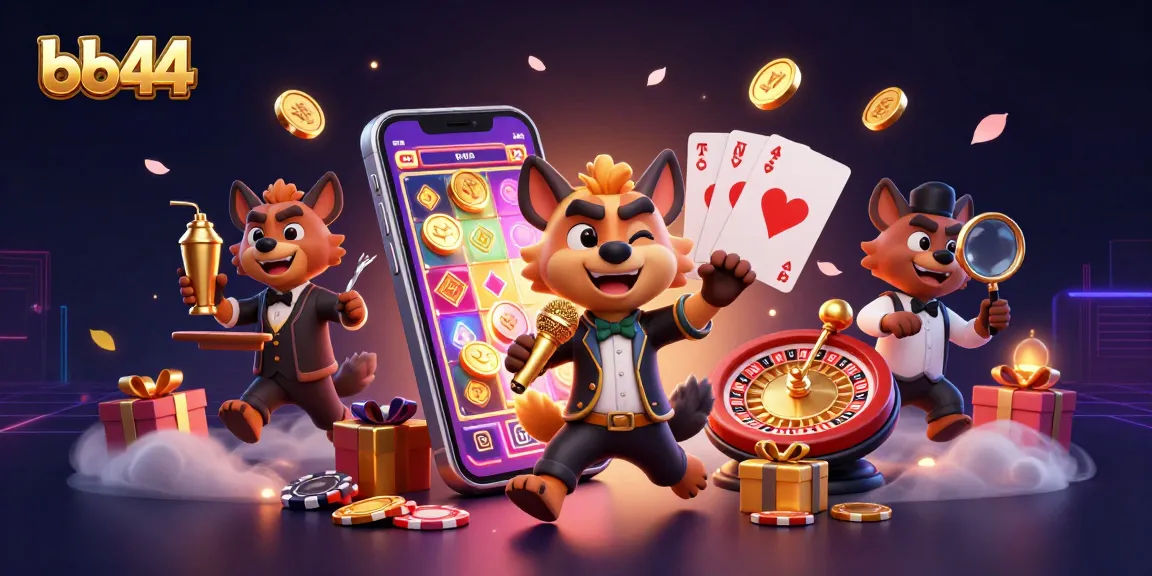 bb44 hyenas perform comedy in a vibrant casino with slot games, coins, and poker chips.