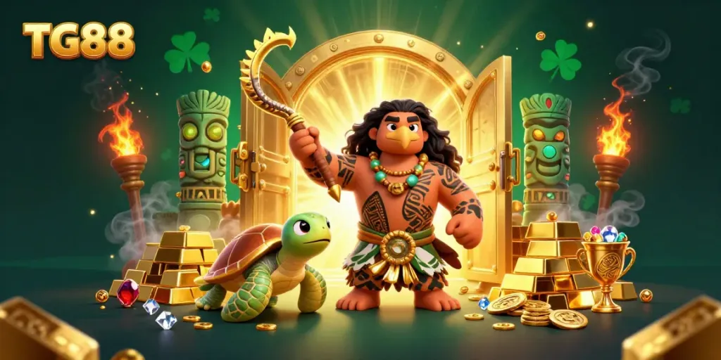 Engage with TG88's exciting gaming atmosphere featuring vibrant characters, gold treasures, and thrilling winnings.