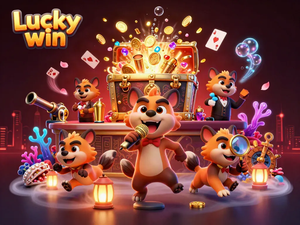 Experience the excitement of Lucky win with animated hyenas in a vibrant casino atmosphere featuring gold coins, glowing elements, and dynamic game illustrations.