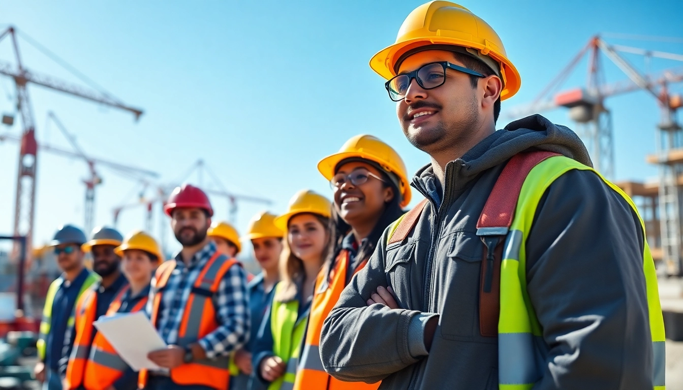 Engaged construction apprentices learning practical skills at a vibrant job site.