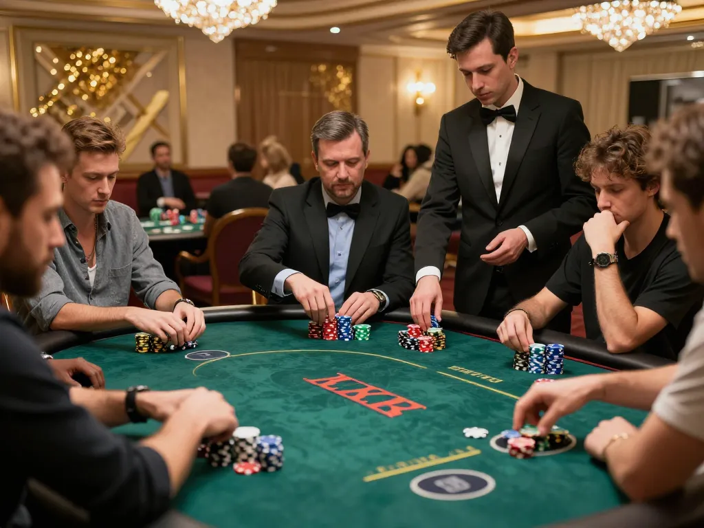 Players strategizing at a luxurious poker table in a CM88 casino setting.