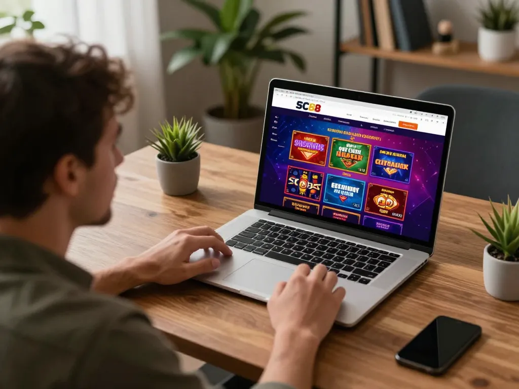 Player interacting with SC88 online casino on laptop, showcasing vibrant graphics and engaging gameplay.