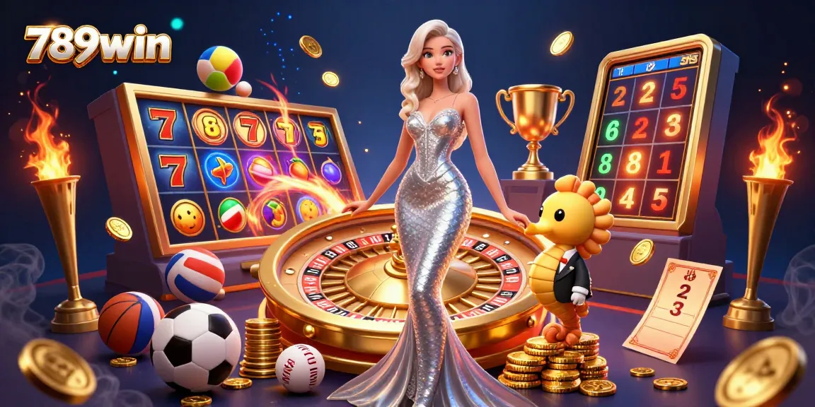 Experience the excitement of 789win with a dazzling digital casino scene full of games and vibrant elements.