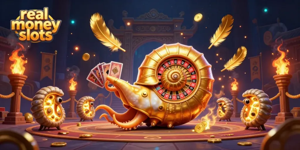 Engage with real money slots featuring a giant golden nautilus roulette and glowing ammonites in a vibrant casino scene.