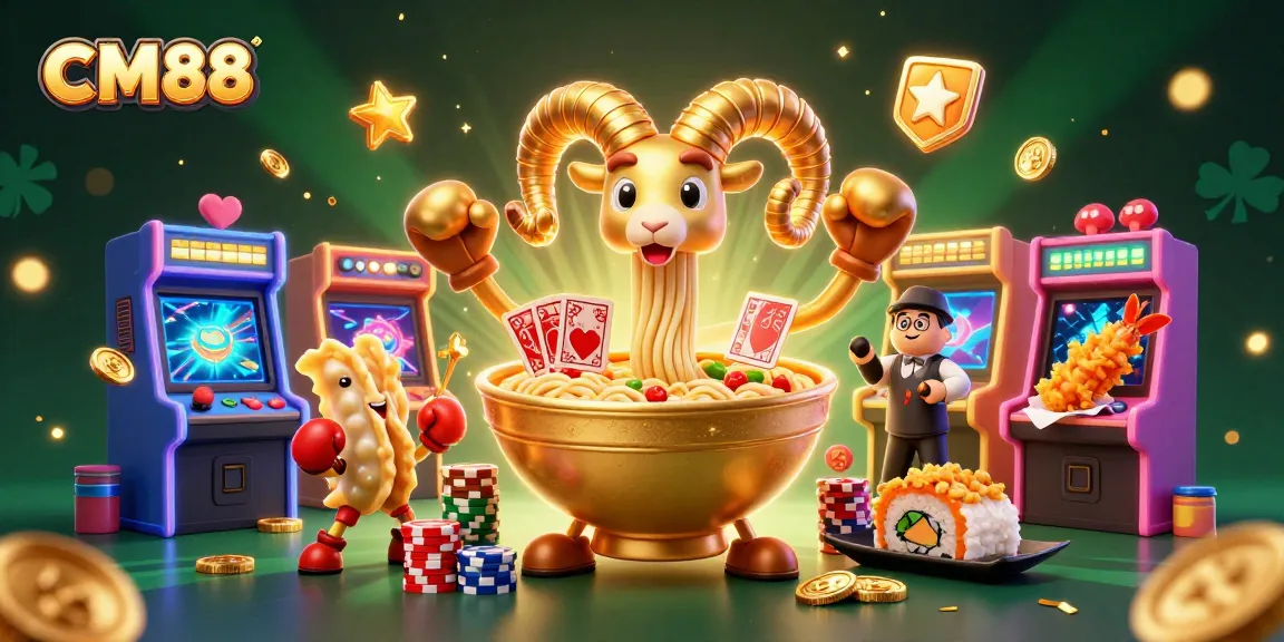 Engage with CM88's vibrant 3D casino scene featuring a lively golden ramen bowl dealer and joyful game elements.