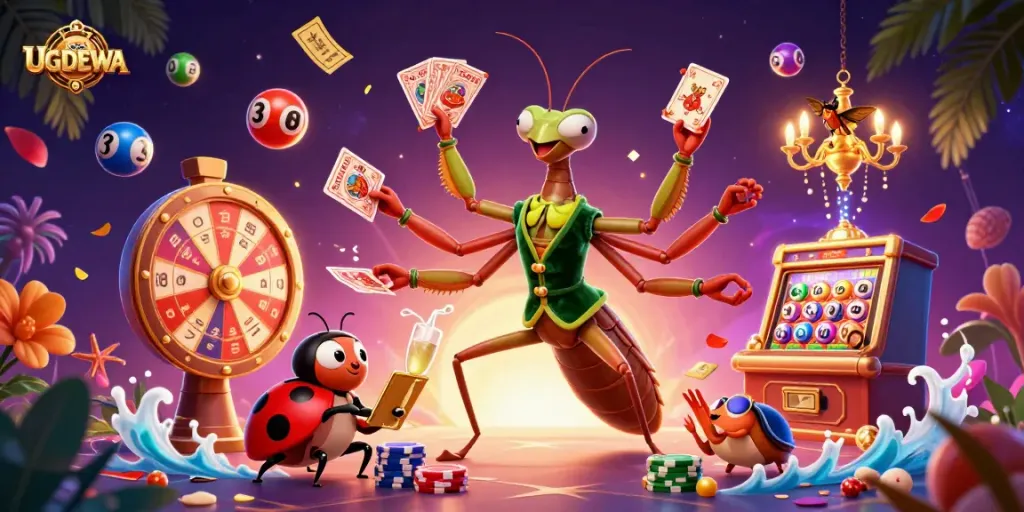 Experience the excitement at UGDEWA with vibrant games and dynamic lottery elements illustrated.