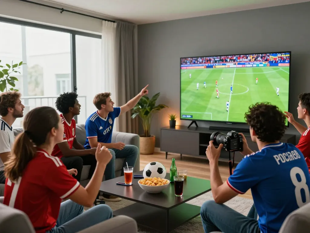 Excited fans enjoying live soccer on Luong Son TV in a lively living room.