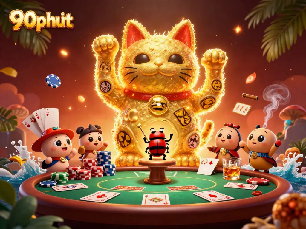 Engage with 90phut's vibrant casino illustration featuring a lucky cat, poker elements, and a dynamic beetle conductor.
