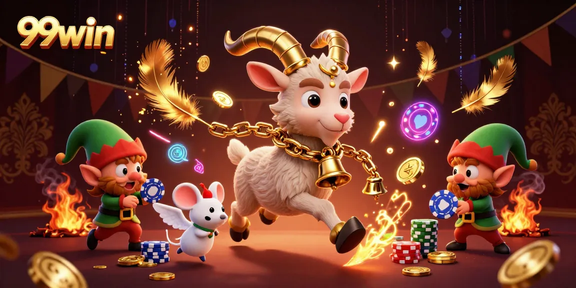99win brings excitement and chaos in a vibrant casino scene with fantastical characters stealing chips.