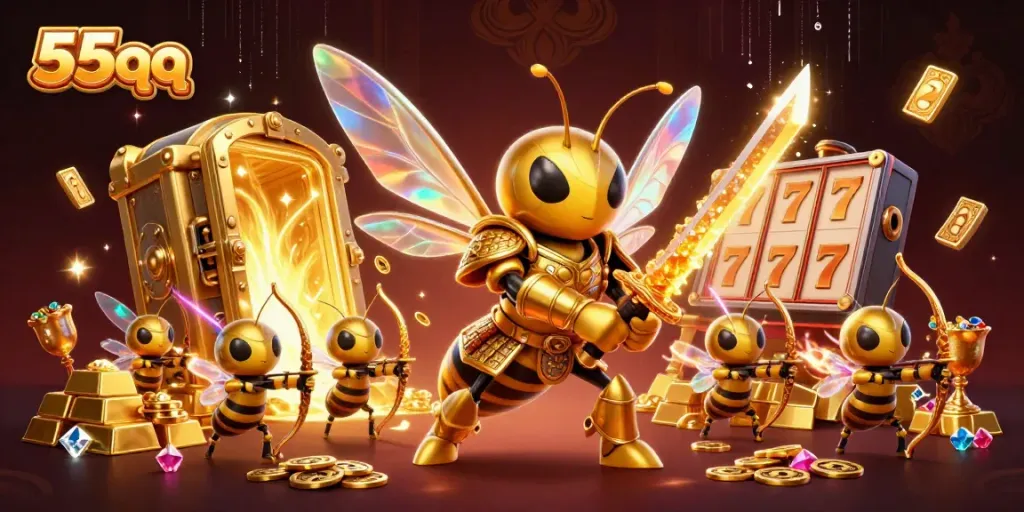 Engage with 55qq's thrilling experience through a dynamic illustration of a golden hornet samurai amidst casino treasures.