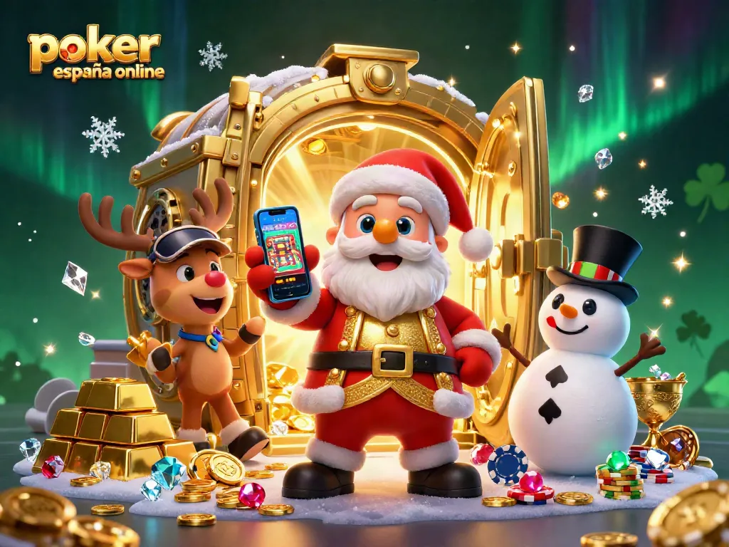 Disfruta del póker en España online en un ambiente festivo con Santa y amigos en un casino iluminado.