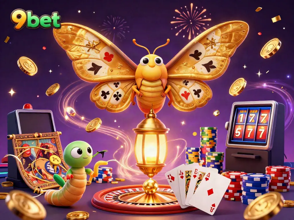 Experience thrilling gameplay with 9bet, featuring a majestic moth and vibrant casino elements in 3D art.